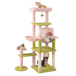 Tangkula 58" Plush Cat Tree Floral Climbing Tree Multi-level Cat Tower w/ Round Basket - 1 of 4