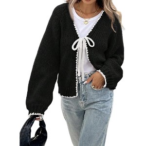 Women's Casual Knit Cardigan Front Tie Bell Long Sleeves Open Front Lightweight Sweater Cardigan - 1 of 4