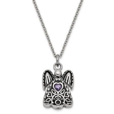 Black Bow Jewelry Antiqued Stainless Steel CZ Birthstone Angel Ash Holder Necklace 18 In