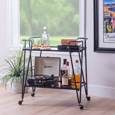 Lawsonia Sleek Black Iron & Mirrored 2-Tier Mobile Bar Cart