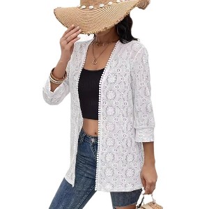 Coolmee Women's 3/4 Sleeve Cardigan Boho Hollowed Out Crochet Knit Shrug Lightweight Cardigan Sweater with Tassels - 1 of 4