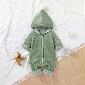 MyKids-USA Baby Solid Color Zipper Front Design Hooded Knitted Romper - 1 of 4