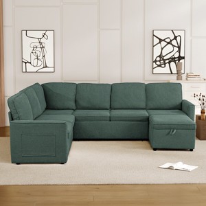 Vipbear 101'' Large Premium Modern Linen U Shaped Sofa Bed 7 Seat with Pull Out Bed,Oversized Convertible Couch with Storage Ottoman,Gray/Green/Beige - 1 of 4