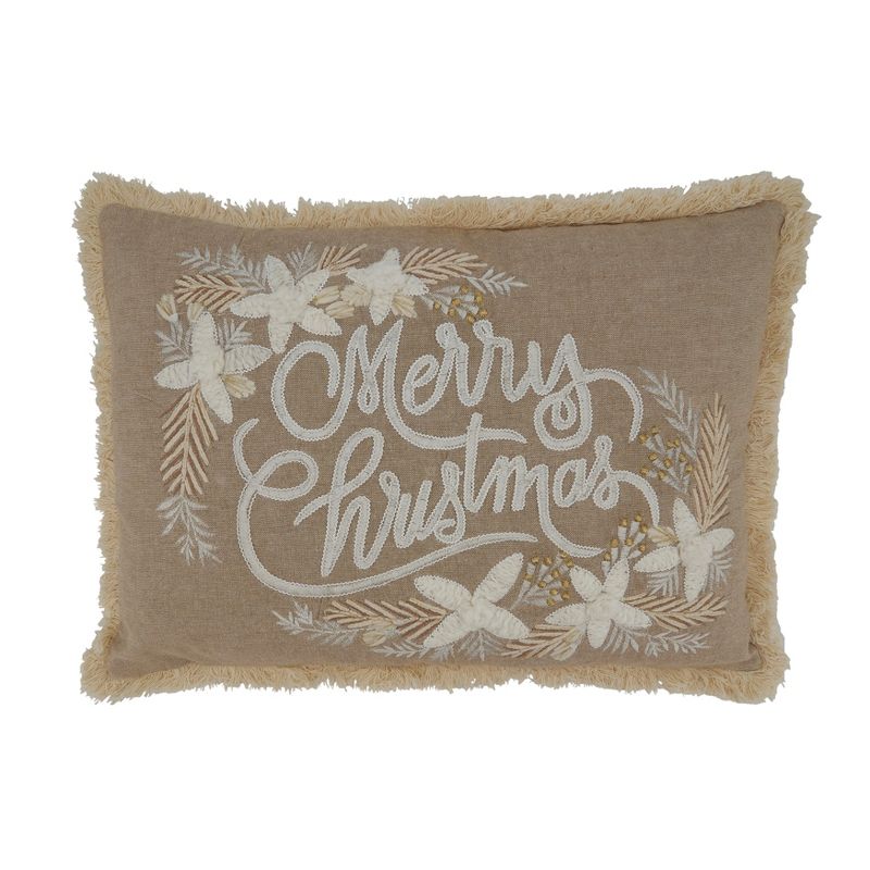 Saro Lifestyle Embroidered Merry Christmas Pillow - Poly Filled, 14"x20" Oblong, Natural, 1 of 4