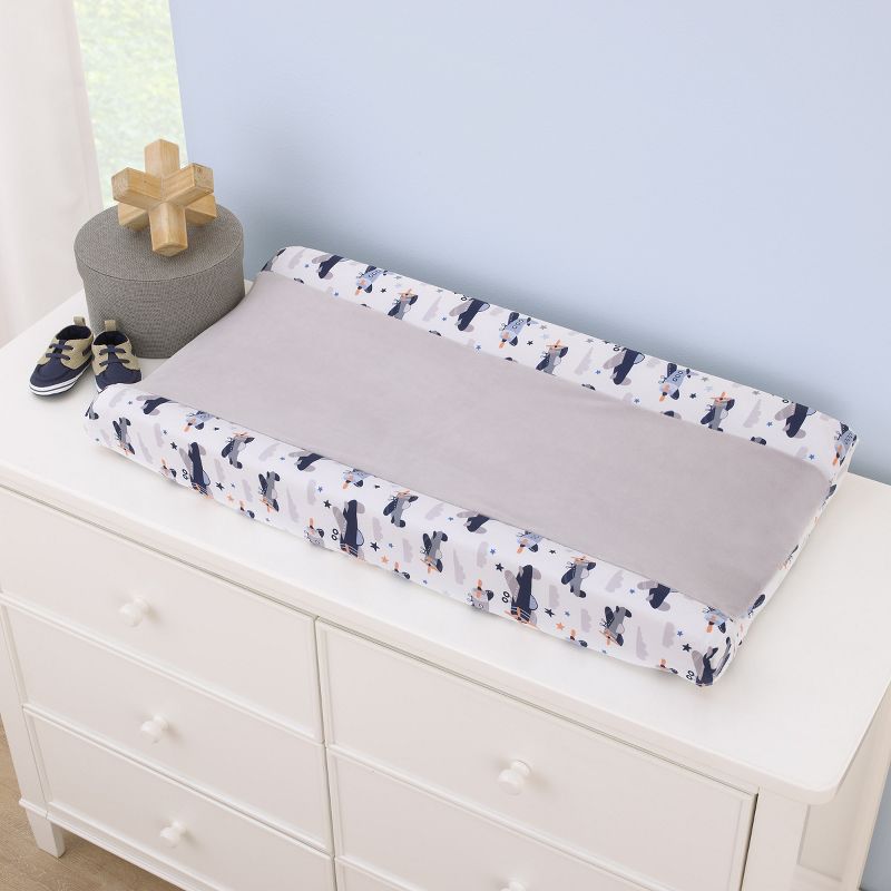 Little Love by NoJo Soar High Little One Gray, Navy, Light Blue, and White Airplanes Contoured Changing Pad Cover, 2 of 4