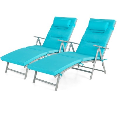 Tangkula 2PCS Folding Chaise Lounge Chair Recliner Cushion Pillow Adjustable Outdoor Turquoise