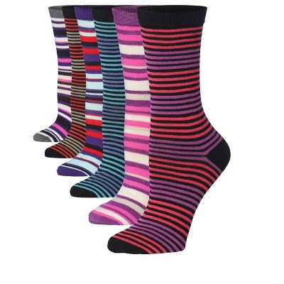 Women's 6-Pairs Colorful Multicolored Fabrics Funky Striped Patterned Crew Dress Socks