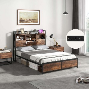 Costway Full/Queen Size Bed Frame with Storage Headboard and Charging Station Vintage Brown - 1 of 4
