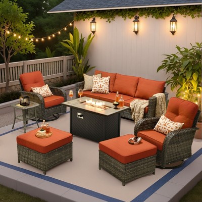XIZZI Outdoor Rattan Sectional Sofa Set, Modular Patio Lounge Set w/ Swivel Chairs, Side Table & Optional 3-Seat Sofa/Ottomans/Firepit/Coffee Table