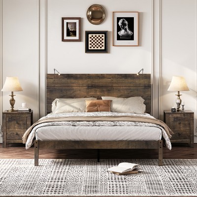 3-Piece Bedroom Sets, Full/Queen Size Farmhouse Platform Bed with 2 Bedside Lights and 2-Drawer Nightstand - ModernLuxe
