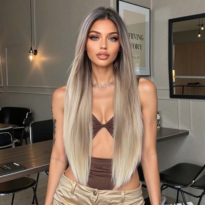 Jessie's Wig 30 Inch Straight Wig Synthetic Hair 13x3.5 Lace Wigs Blonde Color With Dark Roots 1 Pc/Pack