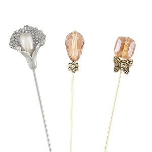 Anna-Kaci Vintage 3Pcs Long Stick Hat Pins Crystal Flower Butterfly and Pearl Details for Classic Hat Lapel and Scarf Accessorizing - 3pcs Clear - 1 of 4