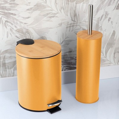 Evideco French Home Goods Bathroom Set with Bamboo Lid - Matte Metal Trash Can and Toilet Brush