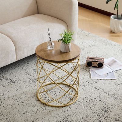 Modern Mesh Metal Accent Table with Wood Top, Round Indoor/Outdoor Side Table, Birdcage-style Metal Frame Patio End Tables -Christopher Knight Home