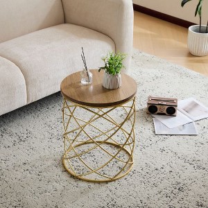Modern Mesh Metal Accent Table with Wood Top, Round Indoor/Outdoor Side Table, Metal Frame Patio End Tables -Christopher Knight Home - 1 of 4
