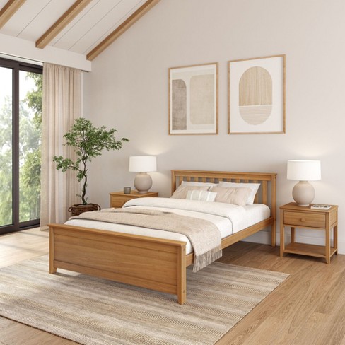 Plank Beam Queen Bed Frame with Slatted Headboard Solid Wood Platform Bed No box Spring Needed Pecan