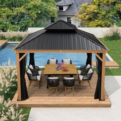 PURPLE LEAF Outdoor Hardtop Gazebo for Patio Galvanized Steel Double Roof Permanent Canopy Teak Finish Aluminum Frame Pavilion Gazebo with Netting