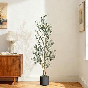 Olive Trees Artificial Indoor, Tall Faux Olive Tree with Black Planter & Green Fake Moss, Artificial Plants with Natural Wood Trunk & Lifelike Fruits - 1 of 4