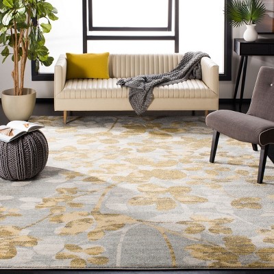 Grey and Gold Floral Synthetic 8' x 10' Area Rug