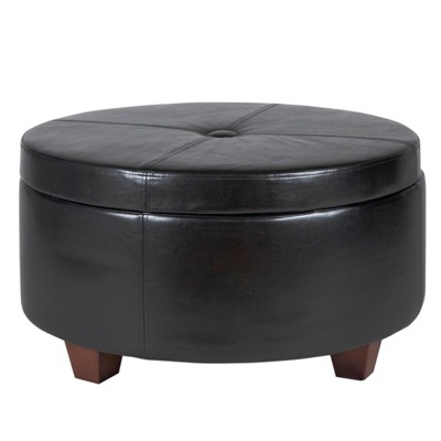 Leatherette Single Button Tufted Round Ottoman with Wooden Feet Black/Brown - Benzara