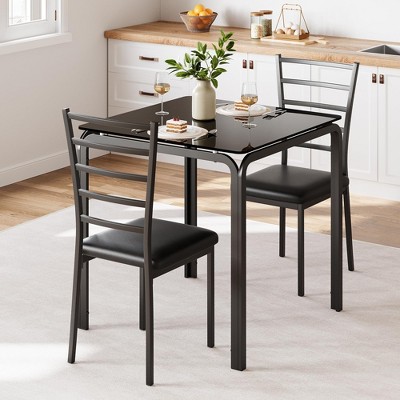 3-Piece Dining Set for 2 - Square Wood Table w/Upholstered Chairs, Space-Saving for Apartment/Home Office