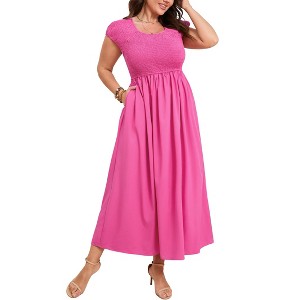 Women's Plus Size Maternity Maxi Dress Summer Casual Round Neck Short Sleeve Smocked High Waist Maxi Dresses with Pockets - 1 of 4