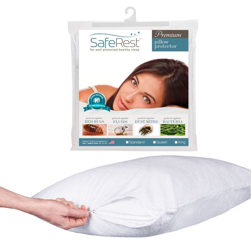 SafeRest Waterproof Pillow Protector (1) -  Zippered Dust Mite Pillow Cover - Hypoallergenic Pillow Covers, 1 of 7