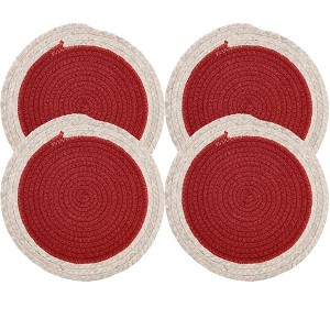 Home Mart Goods Red Extra Thick Woven Trivet Round Placemats Natural Cotton Hot Potholder Mat Heat Resistant - 9"x9"(Pack of 4) - 1 of 4