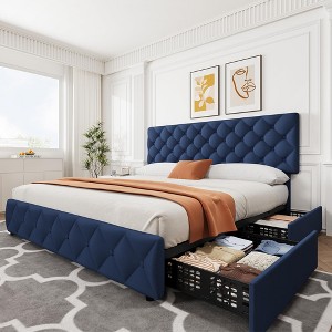 Garvee Full Size Bed Frame with 4 Storage Drawers and Headboard, Linen Upholstered Platform with Wooden Slats Support, No Box Spring Needed - 1 of 4