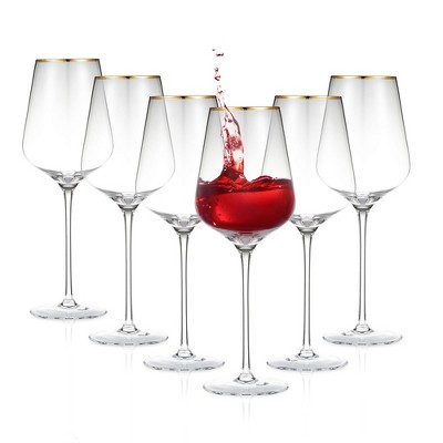 Berkware Luxurious and Elegant Sparkling Studded Long Stem Red Wine Glass  With Gold Tone Rim - Set of 6 Wine Glasses