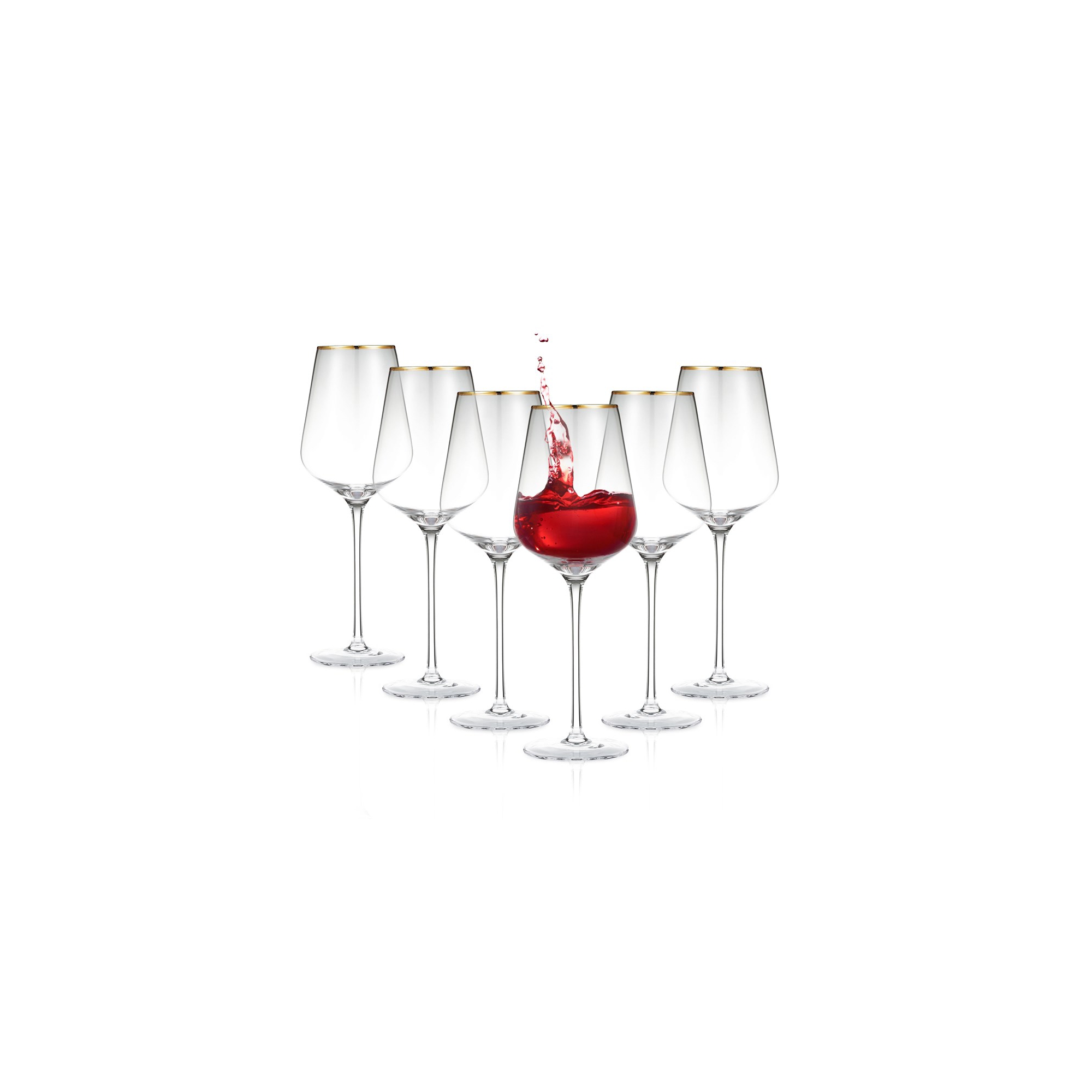 Berkware Premium Long Stem Wine Glasses with 14K Gold Plated Rim - 15.8oz (Set of 6)
