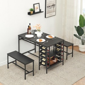 Dining Table Set for 4, Kitchen Table Set with 2 Long Benches 3 Pieces, Dining Room Table with Storage Shelves for Small Space Apartment, Black - 1 of 4