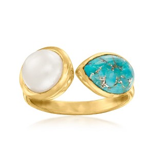 Ross-Simons 7.5-8mm Cultured Pearl and Turquoise Ring in 18kt Gold Over Sterling - 1 of 4