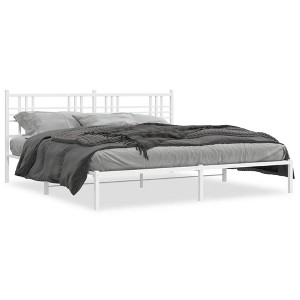 vidaXL White Steel King-Sized Metal Bed Frame with Headboard - 81.5"x78"x35.4" - Elegant Bedroom Furniture with Under Storage Space - 1 of 4
