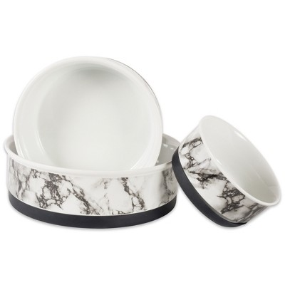 White Marble Ceramic Pet Bowls with Non-Skid Base, Set of 2