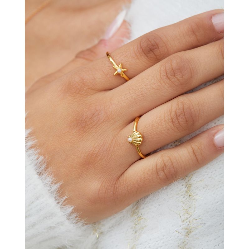 Disney The Little Mermaid 18K Gold Plated Sterling Silver Stackable Ring Set, Starfish and Seashell Pearl - Size 7, 3 of 7