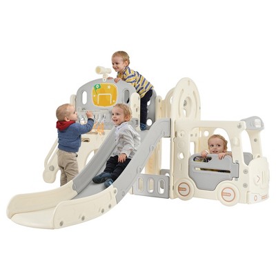 Image of 9 in 1 Kids Slide Playset Structure, Freestanding Castle Climbing Crawling Playhouse with Basketball Hoop for Toddlers, Gray 4L-ModernLuxe