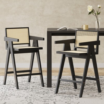 27'' Modern Bar Stool with Cane Seat,Wood Counter Height Barstools with Arm Backrest for Kitchen Island,Dining Room-Tanpinhause