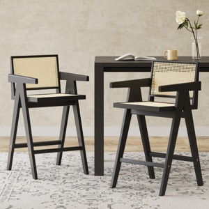 27'' Modern Bar Stool with Cane Seat,Wood Counter Height Barstools with Arm Backrest for Kitchen Island,Dining Room-Tanpinhause - 1 of 4