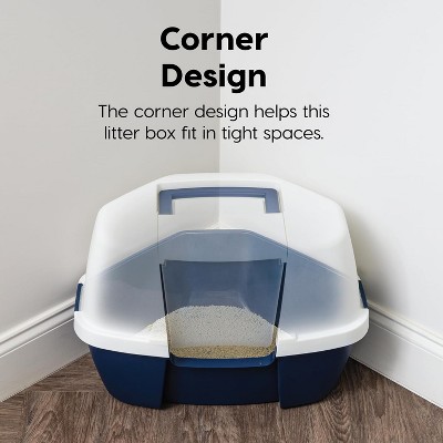Navy and White Large Hooded Corner Cat Litter Box with Scoop