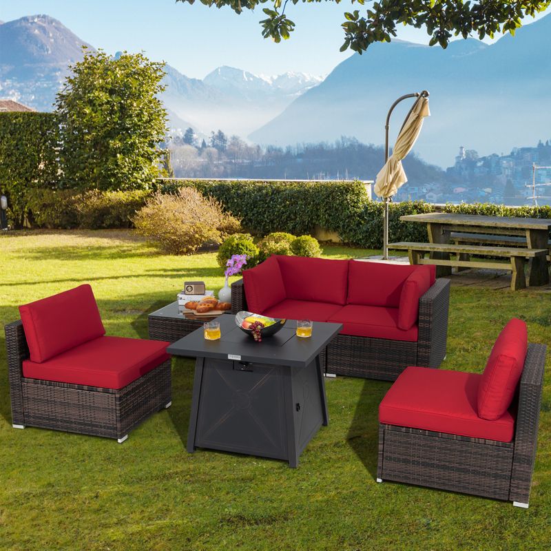 Tangkula 6-Piece Patio Furniture Set w/ 30" Propane Fire Pit Table Outdoor PE Wicker Conversation Set w/ Cushions &Tempered Glass Coffee Table, 2 of 11
