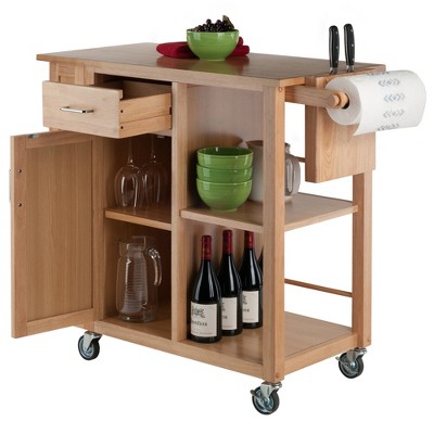 Natural Wood Kitchen Cart with Wine Rack and Storage