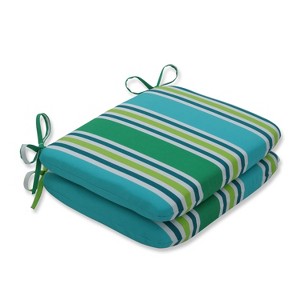 2pc Aruba Stripe Rounded Corners Outdoor Seat Cushions Turquoise/Green - Pillow Perfect: Weather-Resistant Patio Chair Pads with Ties - 1 of 3