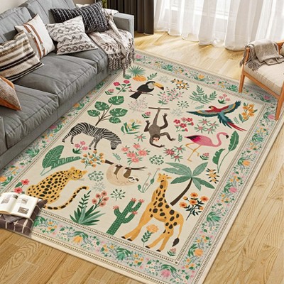8*10 Beige Large Rugs Washable Animal Forest Jungle Soft Low Pile Non Slip Rug Carpet For Living Room Dining Room Bedroom Nursery Kids Room Framhouse