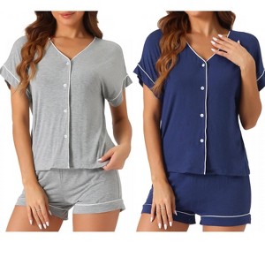 cheibear Women's Modal Button Up Short Sleeve T-shirt and Shorts Pajama Sets 2 Pcs - 1 of 4