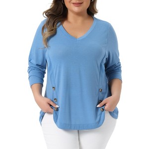 Women's Plus Size Long Sleeve V Neck Loose Fashion Buttons Tunic Blouse - Agnes Orinda - 1 of 4