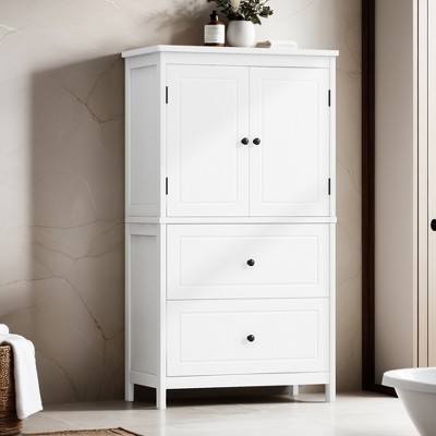 Bathroom Storage Cabinet, Cabinet with Two Doors and Drawers, Adjustable Shelf, MDF Board - Leovsnove