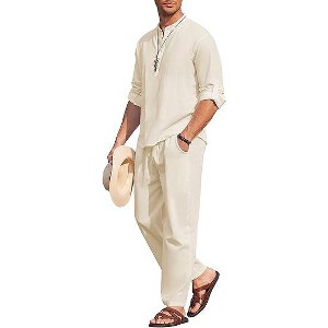 COOFANDY Men's 2 Pieces Cotton Linen Set Long Sleeve Henley Shirts Casual Beach Pants With Pockets Summer Yoga Outfits - 1 of 4