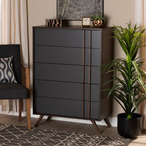 5 Drawer Naoki Wood Bedroom Chest Gray/Walnut - Baxton Studio: Modern Storage, Splayed Legs - 1 of 4
