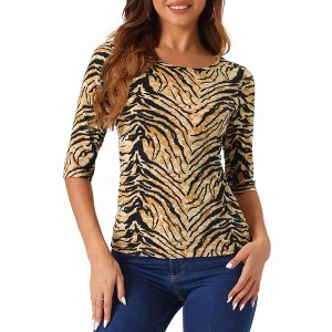 INSPIRE CHIC Women's Elbow Sleeves Boat Slim Fit Casual Stripe Animal Print Multi Floral Pattern T-Shirt - 1 of 4